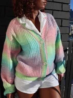 Chunky Knit Rainbow Cardigan with Bubble Sleeves